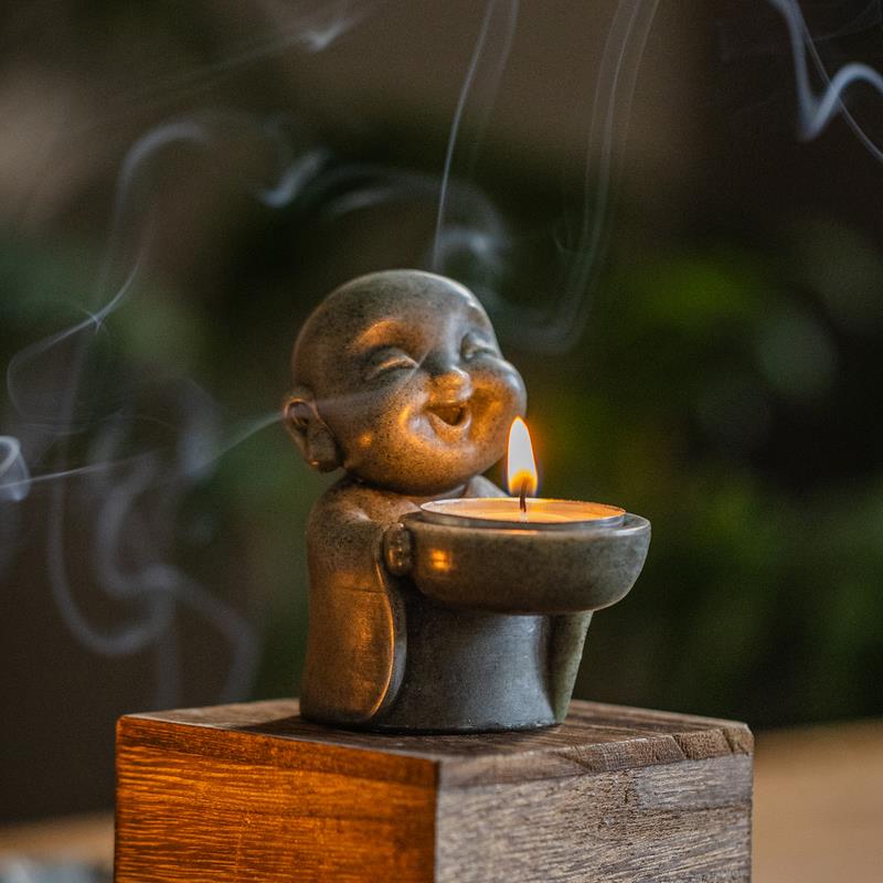 复古小和尚烛台摆件茶桌面装饰茶室茶台蜡烛摆放底座塔香底托盘托