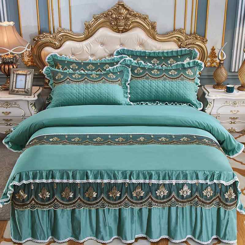 高档欧式结婚全纯棉刺绣床裙四丝件套大红色棉花被套夹棉加厚蕾边