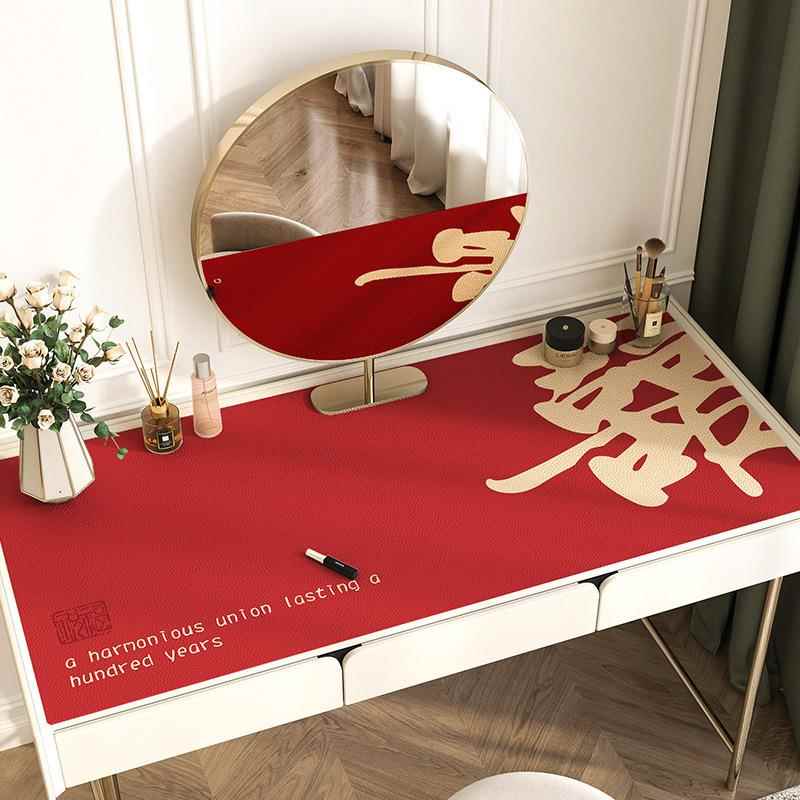 结婚梳妆台桌垫美甲防油桌布红色喜庆桌面装饰喜字浅色桌面保护垫