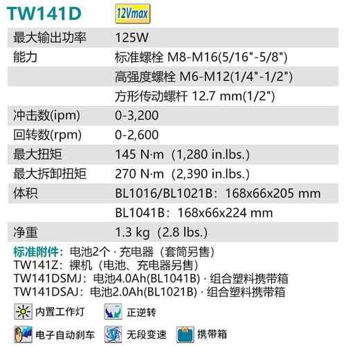 牧（MAKIA）TW141T手DSMJ充电式冲击田扳电81动板手12V4.0Ah两电