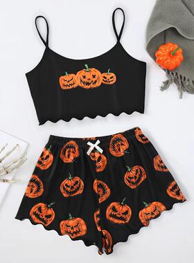 Women's Halloween Pumpkin Print Vest Top & Shorts Pajama