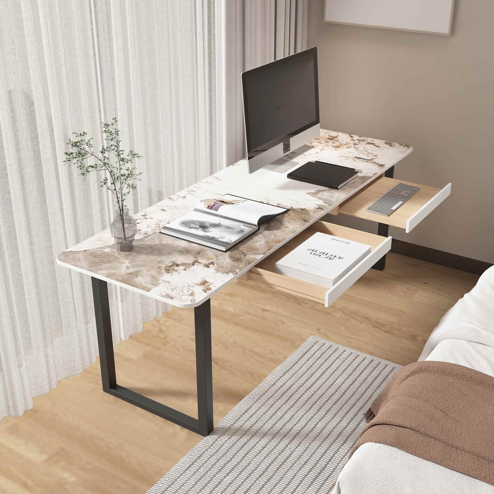 岩板双人书桌台式电脑桌奶油风纯白长条办公桌家用靠墙阳台窄条桌