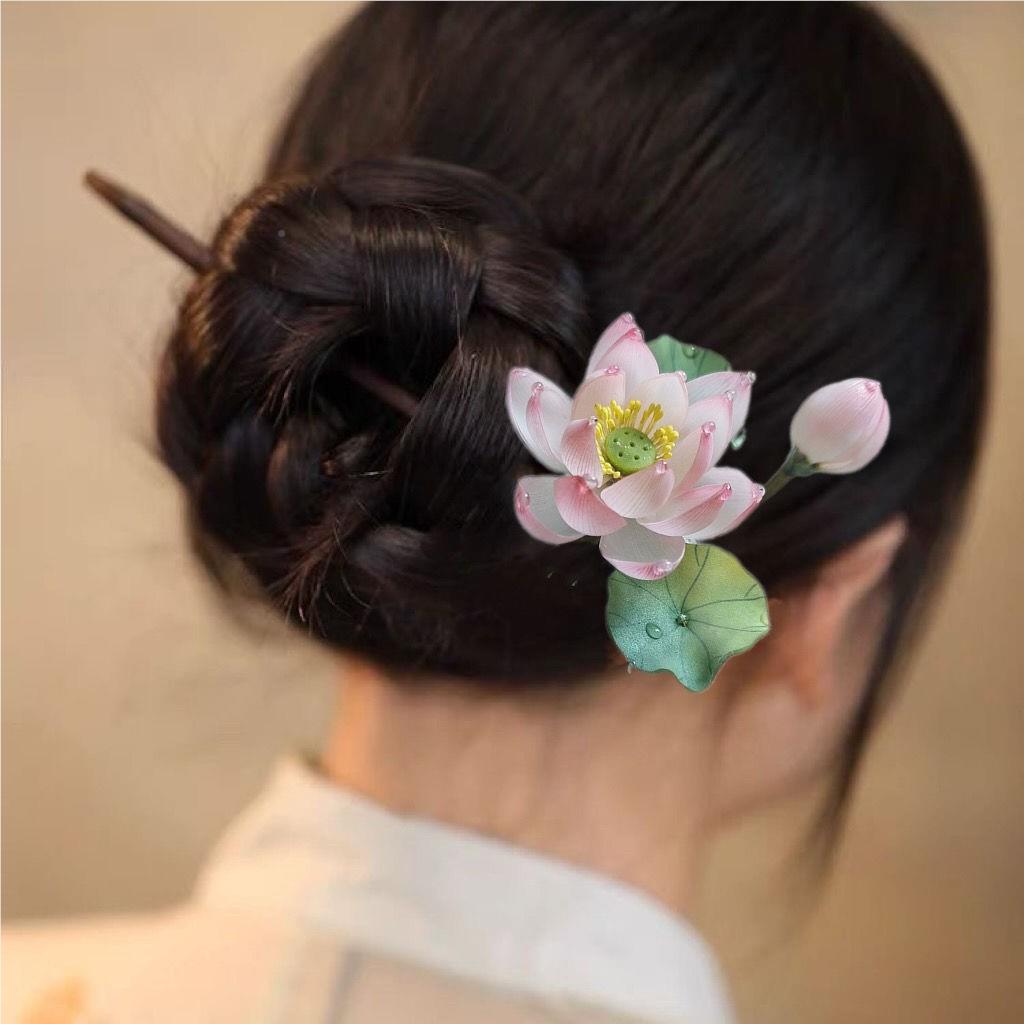 热缩发荷花簪高级感流苏简约典国风丸子头头饰旗袍茶服配FMN古饰