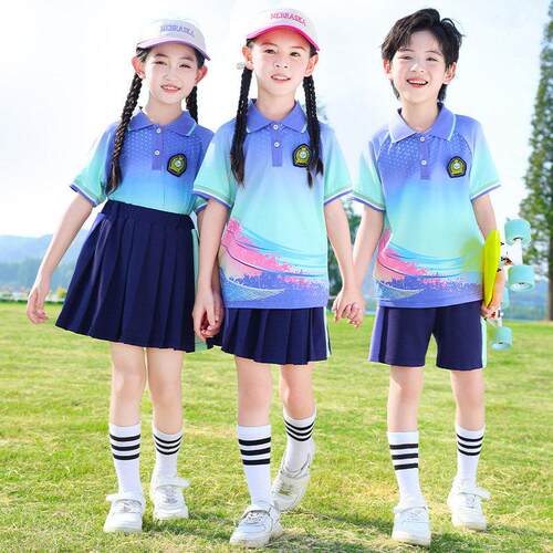 小学生校服夏季短袖翻领班服套装幼儿园速干园服运动会渐变中国风