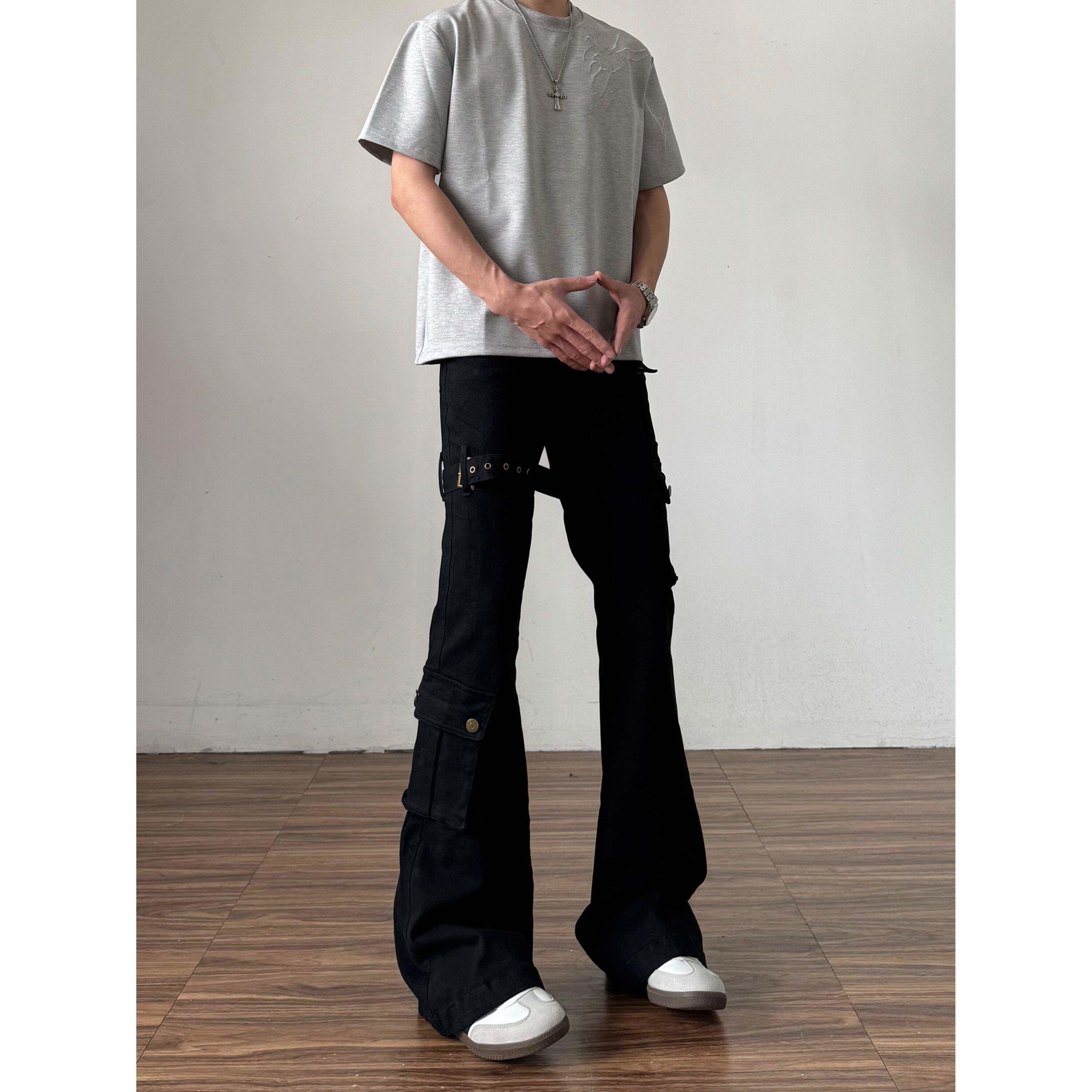 夏季黑色vibe绑带微喇工装牛仔裤男cleanfit美式高街修身喇叭裤子