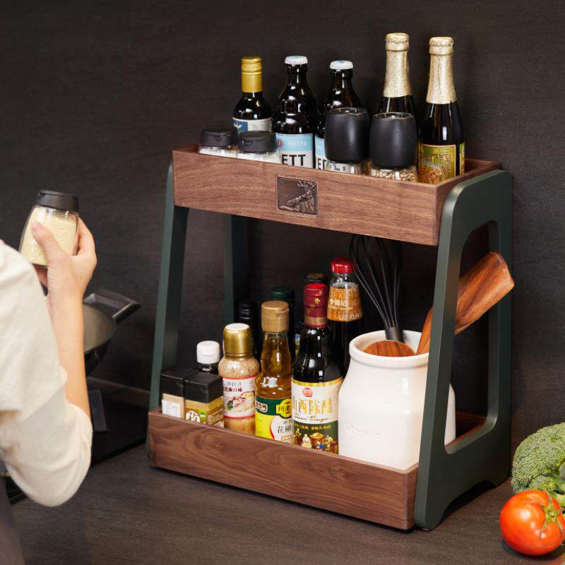 厨房调料品置物架台面免打孔实木双层调味品调味料筷子用品收纳架
