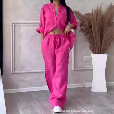 Set Pants Leg Wide Drawstring Shirt Color Solid Linen and