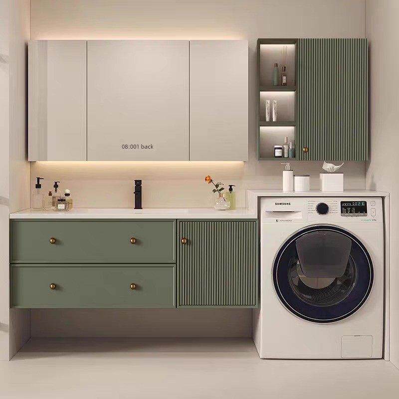 阳台洗衣机柜组合卫生间法式橡木岩板无缝陶瓷一体盆洗手洗脸盆柜