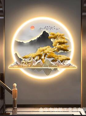 入中玄关装饰画新式MOK山水迎客松走鹿廊发光壁画轻奢带LE户D灯挂