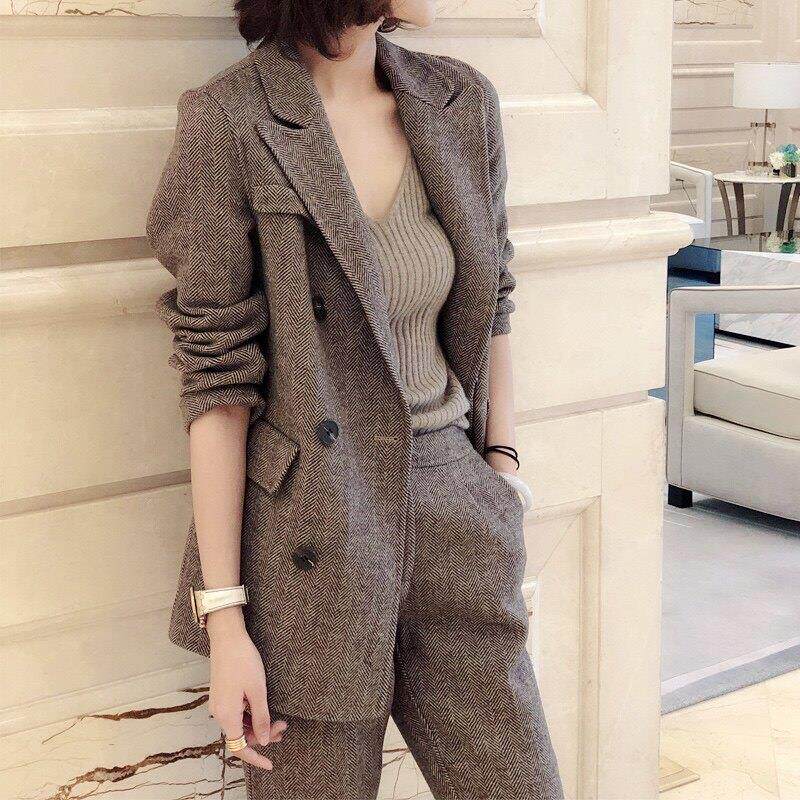 秋季套装女2025新款时尚洋气英伦风毛呢西装外套休闲九分裤两件套