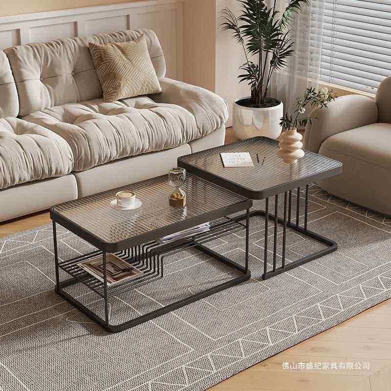 奶油风玻璃茶几客厅家用小户型轻奢现子母组合长方形双层小方桌