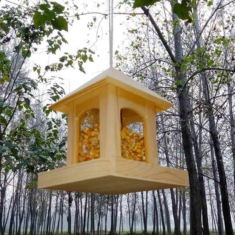 户外小鸟食盒鹦鹉八哥木质喂鸟器庭院树林鸽子悬挂防雨自动喂鸟器