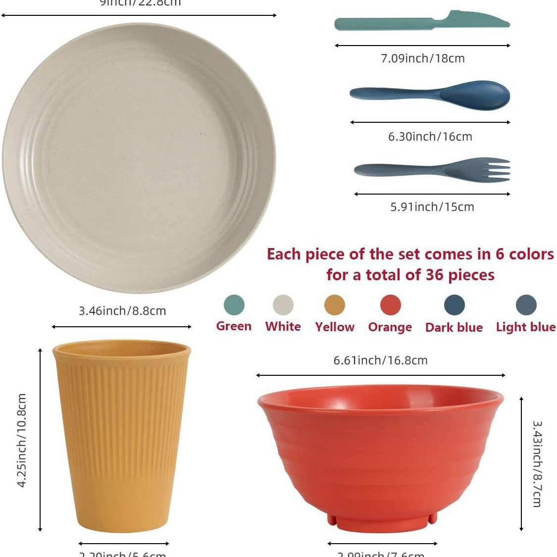 外贸电商 小麦秸秆盘碗杯家用竖纹餐盘餐碗水杯36pcs礼品套装