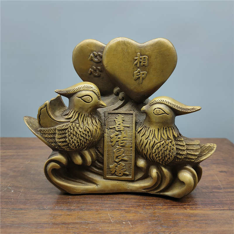 收藏装饰摆件仿古件批发黄铜鸳鸯戏水喜结良缘铜器工艺品摆件