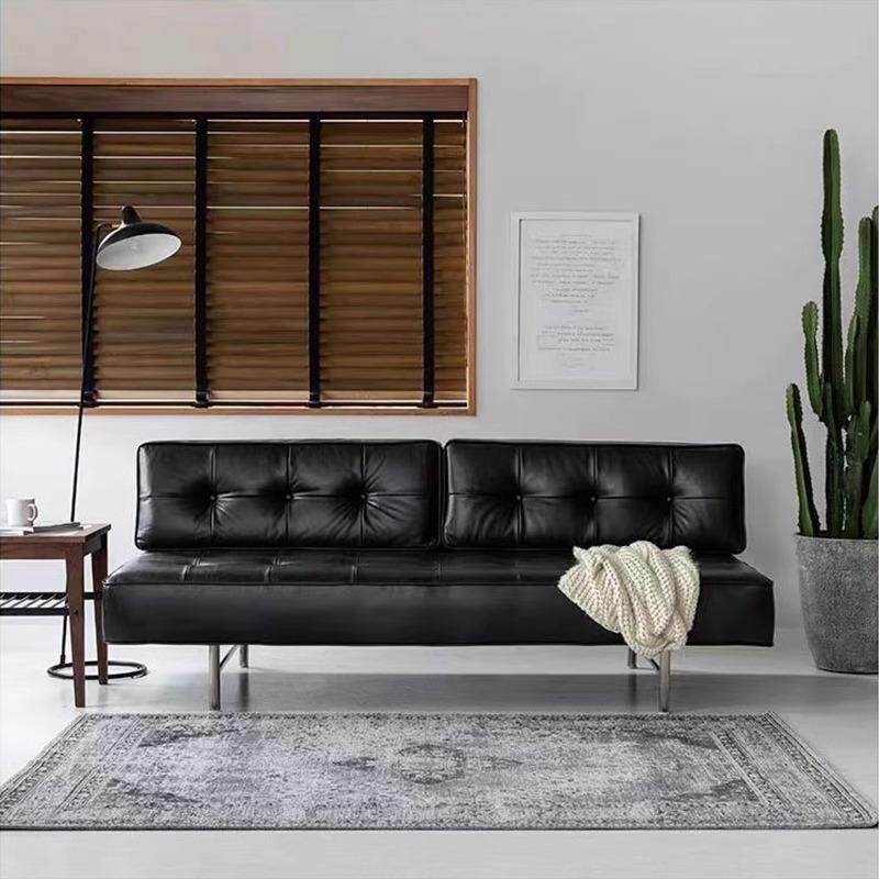 现代简约无扶手沙发北欧客厅小户型直排复古拉扣可躺黑色皮艺沙发
