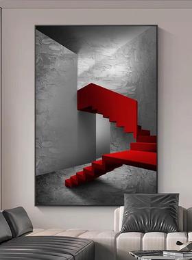 高级感意式极简抽象艺术挂画轻奢红色楼梯客厅装饰画酒店玄关壁画