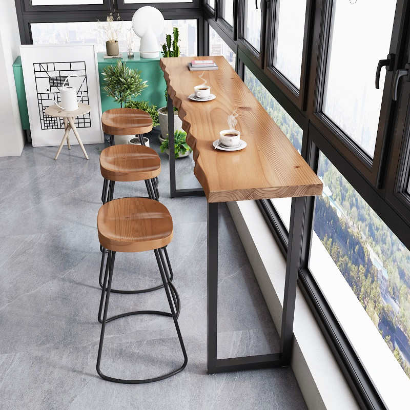 吧台桌椅组合铁艺商用简约靠墙实木长条高脚窄桌子酒吧奶茶店定制