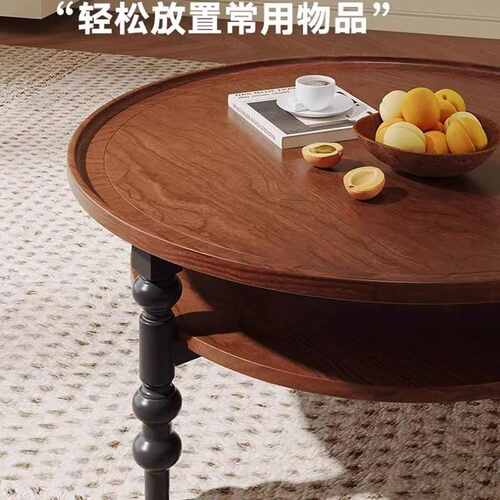法式复古实木圆茶几客厅家用小户型小茶几美式中古茶桌小桌子边几