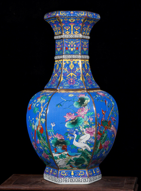 景德镇陶瓷器花瓶 仿古手工描金珐琅彩粉彩六面花鸟收藏装饰摆件