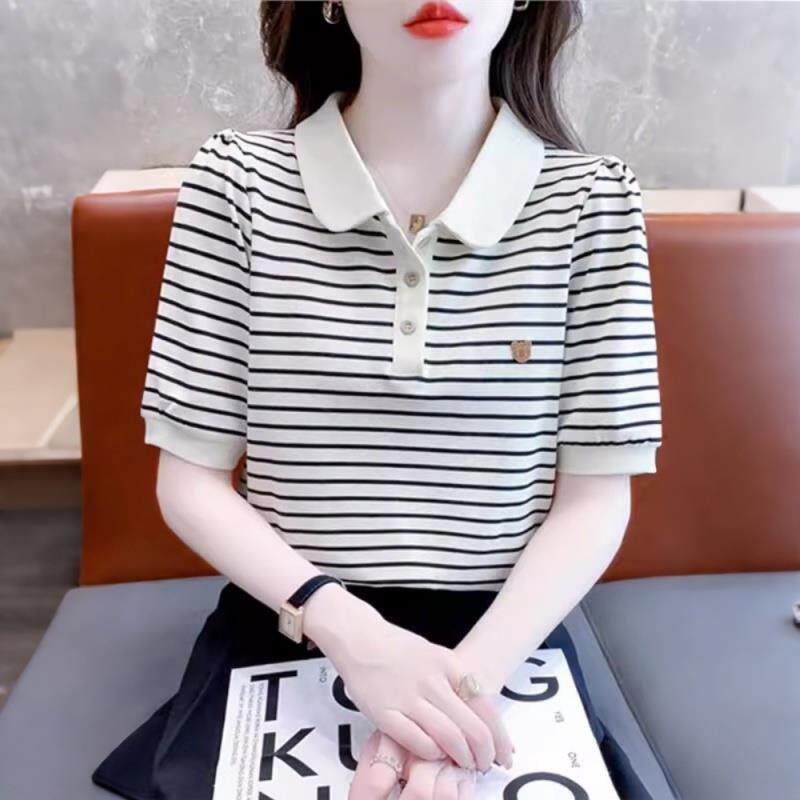 潮牌时尚条纹短袖t恤女新款夏季polo领显瘦洋气小衫独特别致上衣