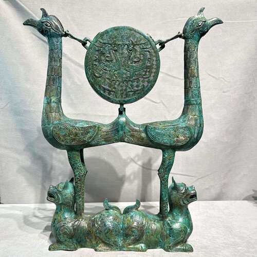 战国虎座凤架鼓仿古青铜器古代乐器双鸟鼓架凤鼓软装饰品影视道具