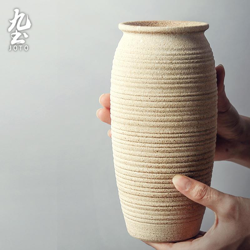 手工粗陶花瓶日式花器小原流陶瓷禅意花器落地摆件家居复古干花插