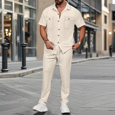 Two Set Men Color Double Pocket Collar Shirt Belt Trousers