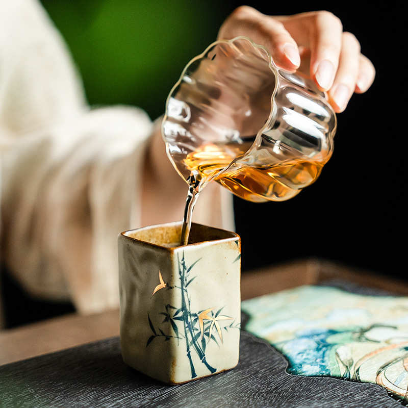 仿古窑变纯手绘青竹四方杯新中式品茗杯异性个性主人杯品茗杯