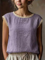 Women'S Vintage Linen Short Sleeve Top Lace Patchwork Round thumbnail 4