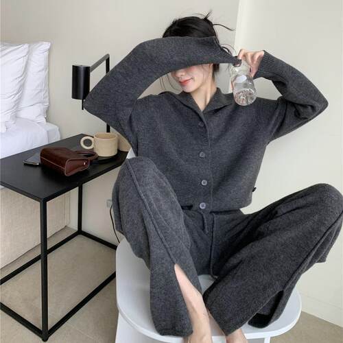 Knitted suit women's cardigan sweater split wide leg pants