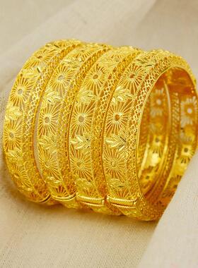 迪拜女式24K镀金镂空手镯印度阿拉伯新娘结婚饰品金镯子bracelet