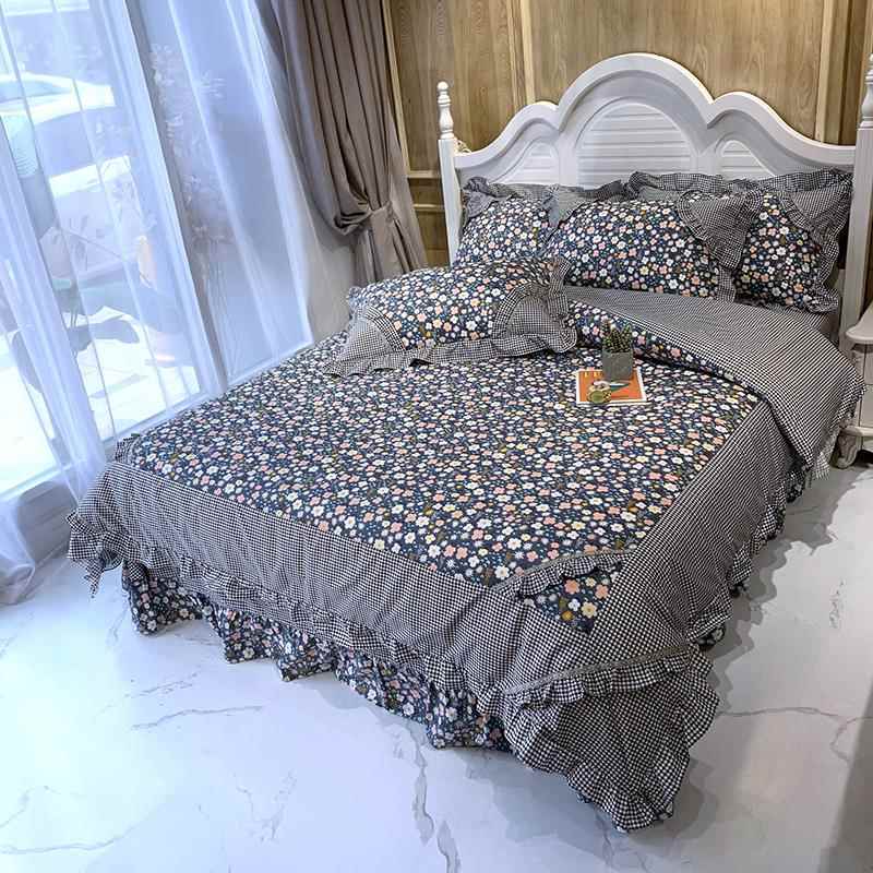 高档韩式小清新公主蕾丝被套床单田园碎纯双棉人花床上用品件套四