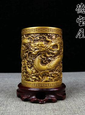 古玩铜器纯铜盘龙笔筒桌面摆件工艺品艺术品笔筒书房用品家居摆放