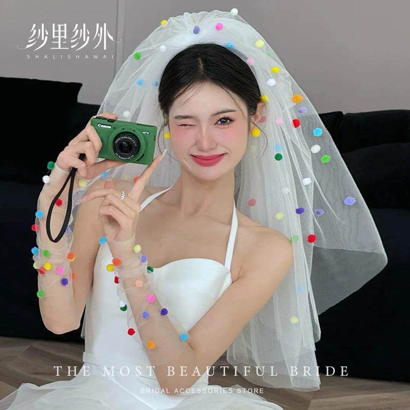 花朵头纱领证新娘主婚纱七夕求婚头饰氛围感拍照神器大拖尾高级感