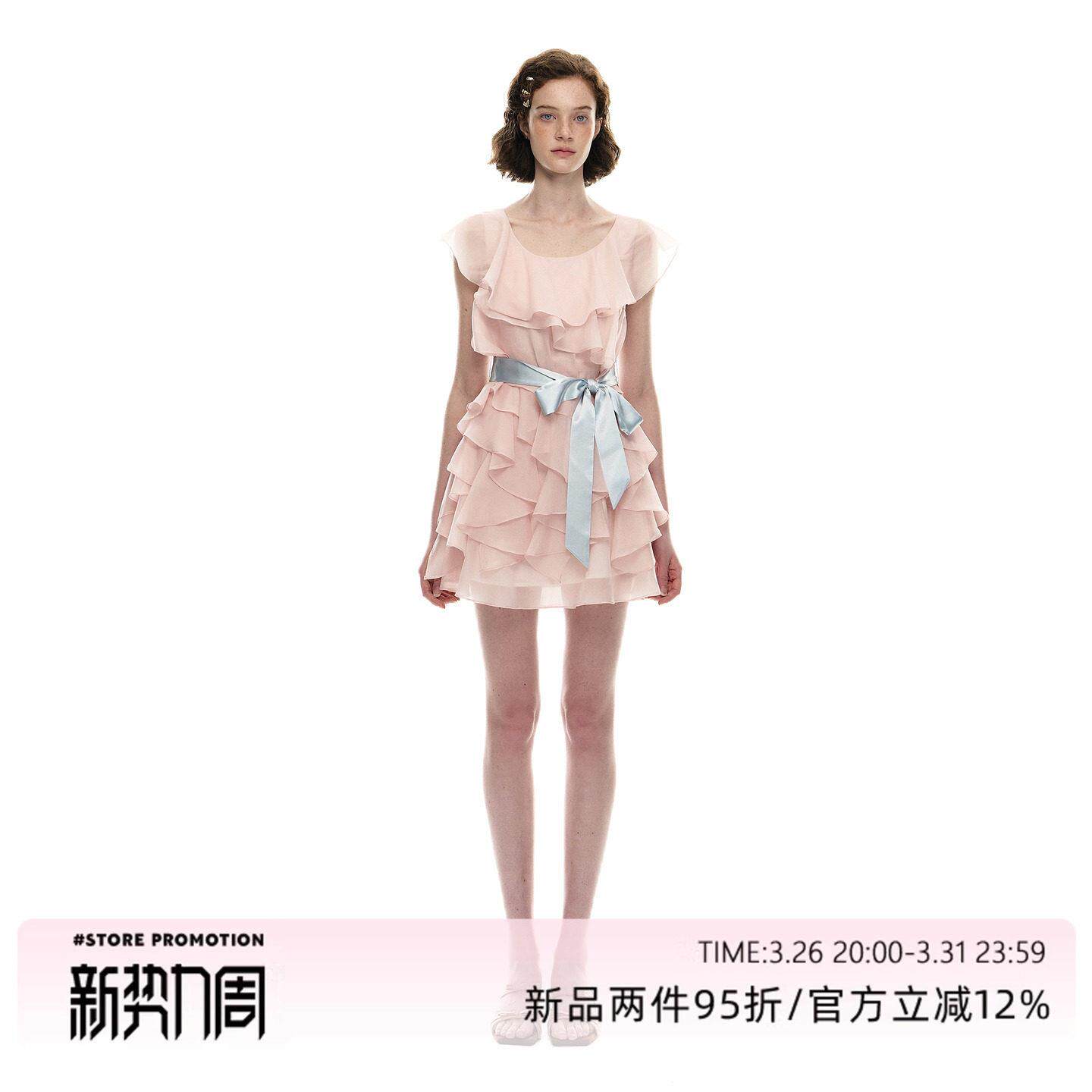 Romance Nanci3.26日20点 粉色荷叶边收腰连衣裙海边度假仙女裙