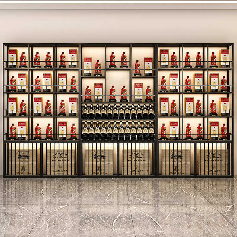 整店红酒白酒展示柜酒行靠墙落地葡萄酒洋酒展架酒吧背景酒柜
