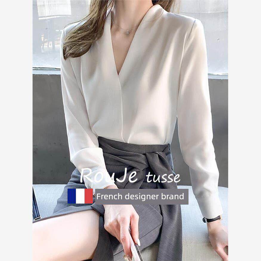 无领桑蚕丝白衬衫女抗皱工作服上衣春装气质真丝v领职业长袖衬衣