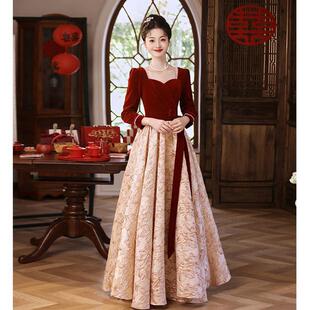 酒红色出阁宴结婚订婚晚礼服裙回门夏季 新中式 敬酒服新娘2024新款