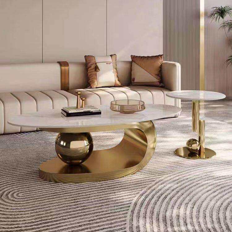 意式极简轻奢岩板茶几电视柜组合椭圆形不锈钢小户型家用简约现代