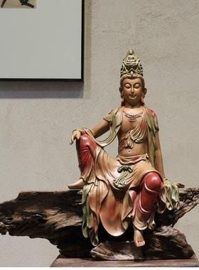 正品新中式水月自在音菩萨佛像禅客厅玄关桌茶观室古法鱼装缸饰意