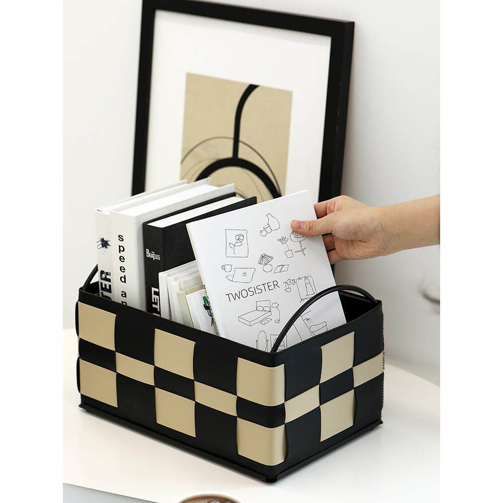 采购产品Pu配色杂项箱，手编织有柄收纳篮，皮革收纳篮，台面棋盘