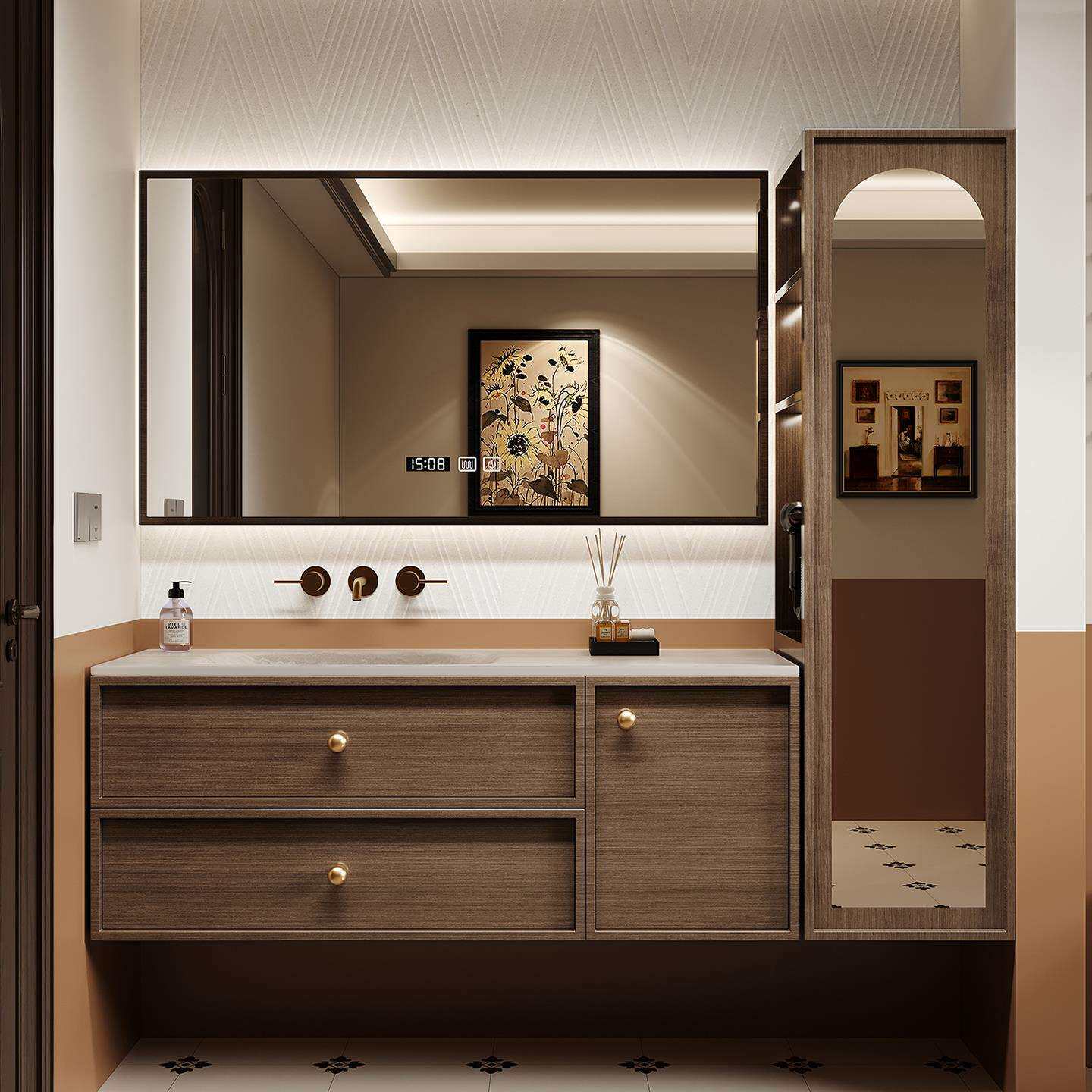 复古风岩板热弯一体盆中式浴室柜组合卫生间洗漱台洗脸池侧边立柜