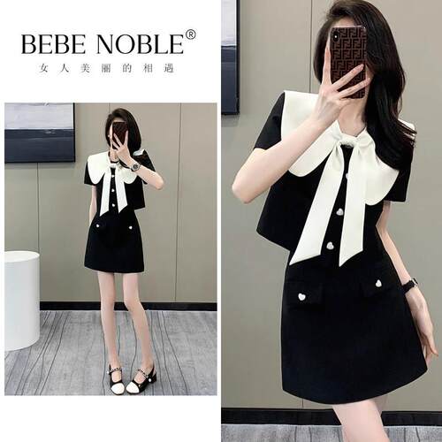 BEBE NOBLE法式小香风减龄套装女夏季高级感娃娃领上衣短裙两件套