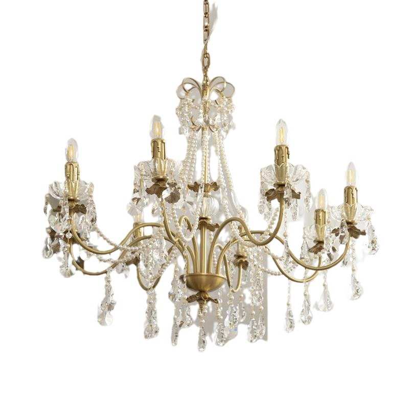 法式复古全铜水晶珍珠吊灯美式别墅浪漫水晶蜡烛灯餐厅卧室吊灯