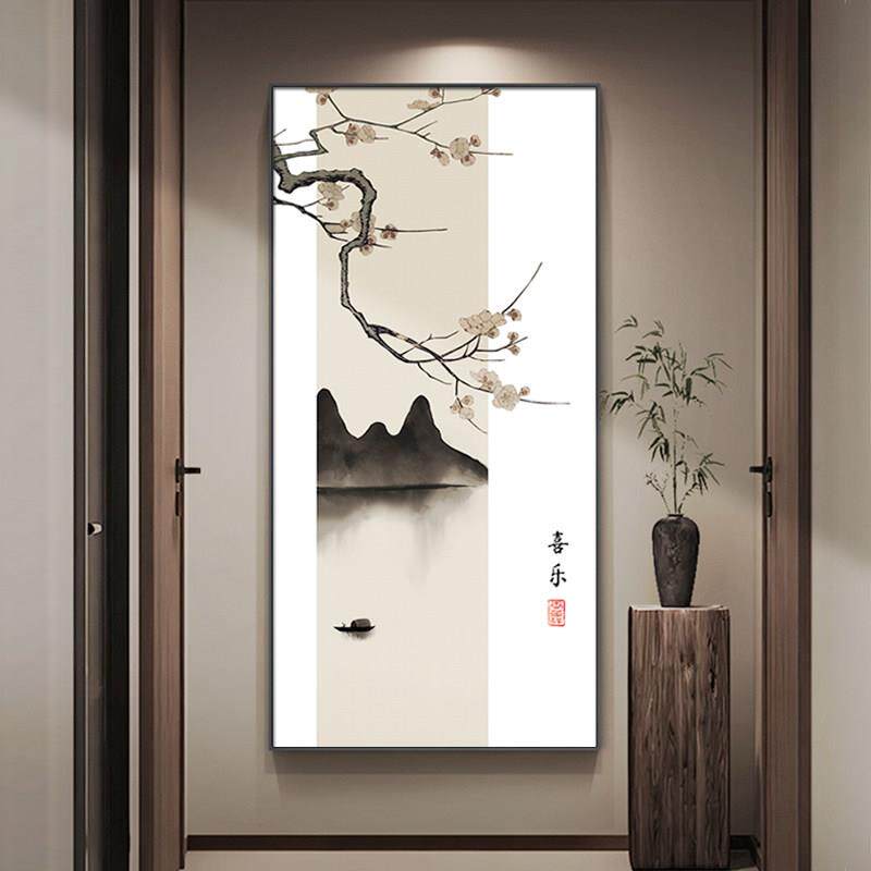 新中式花鸟玄关装饰画中国风水墨山水画走廊过道墙面装饰壁画挂画