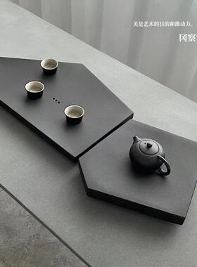 创意乌金石茶盘轻奢托 托盘中式简约石材茶台家用茶海黑色天然石