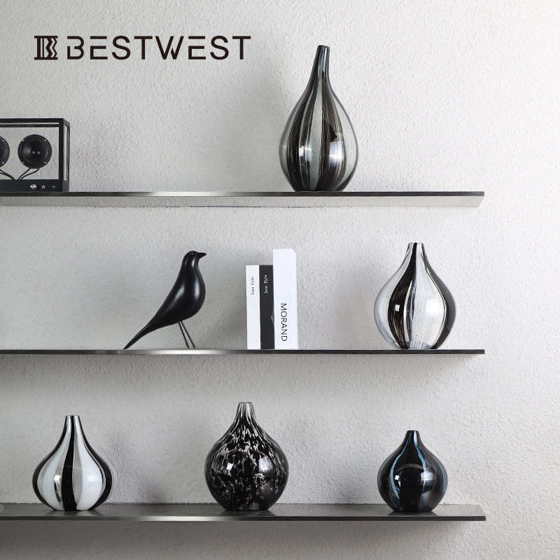 博西家居 黑白水墨高档大肚小口玻璃花器 家居软装饰品客厅花瓶