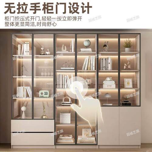 实木书柜家用带玻璃门客厅一体整墙现代轻奢定制储物柜书架展示柜