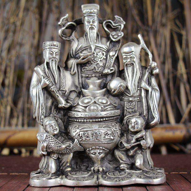 古玩杂项仿古铜器白铜书房居家摆件工艺品五禄财神聚宝盆