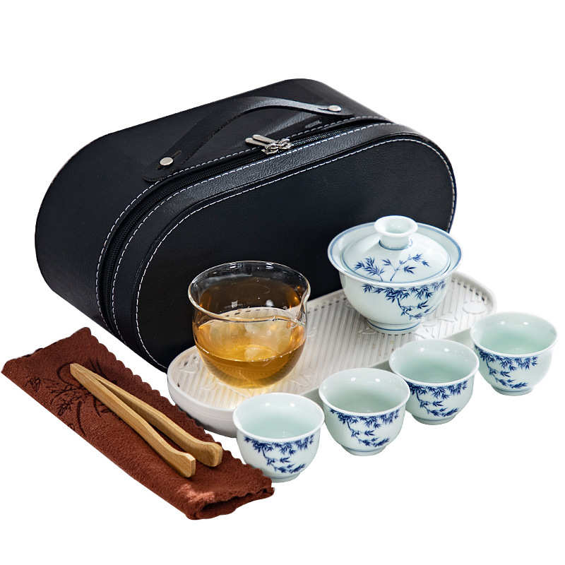 商务礼品旅行茶具套装复古青花釉中彩便携式陶瓷活动随手礼品LOGO